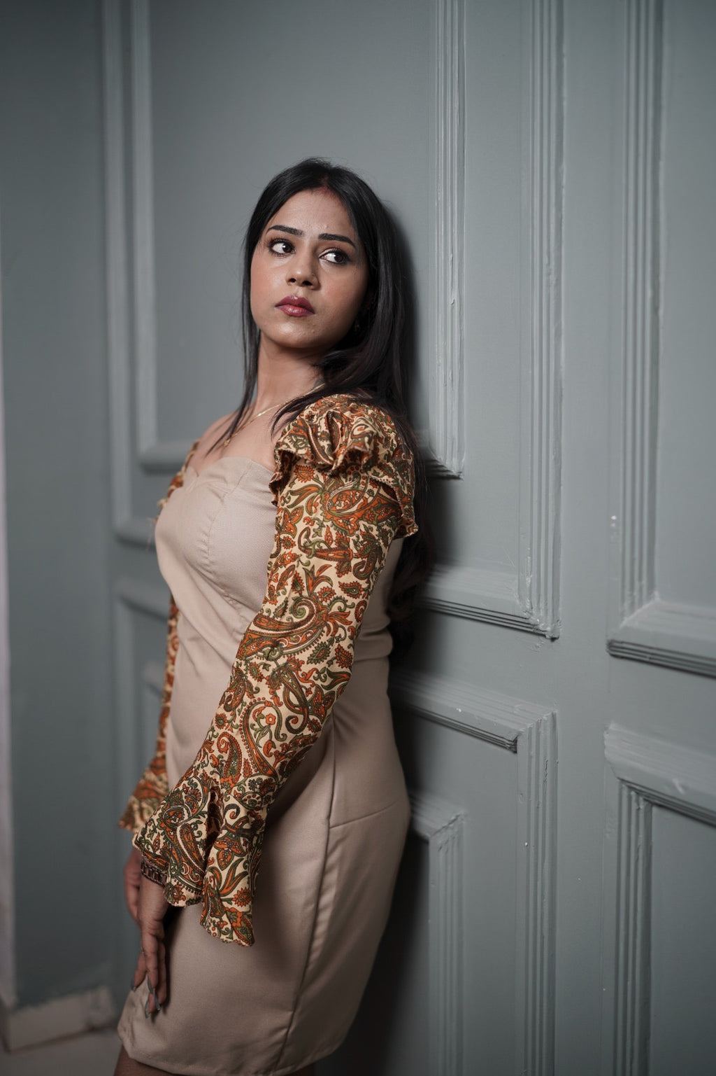 Beige Kalamkari Fusion Bodycon Dress