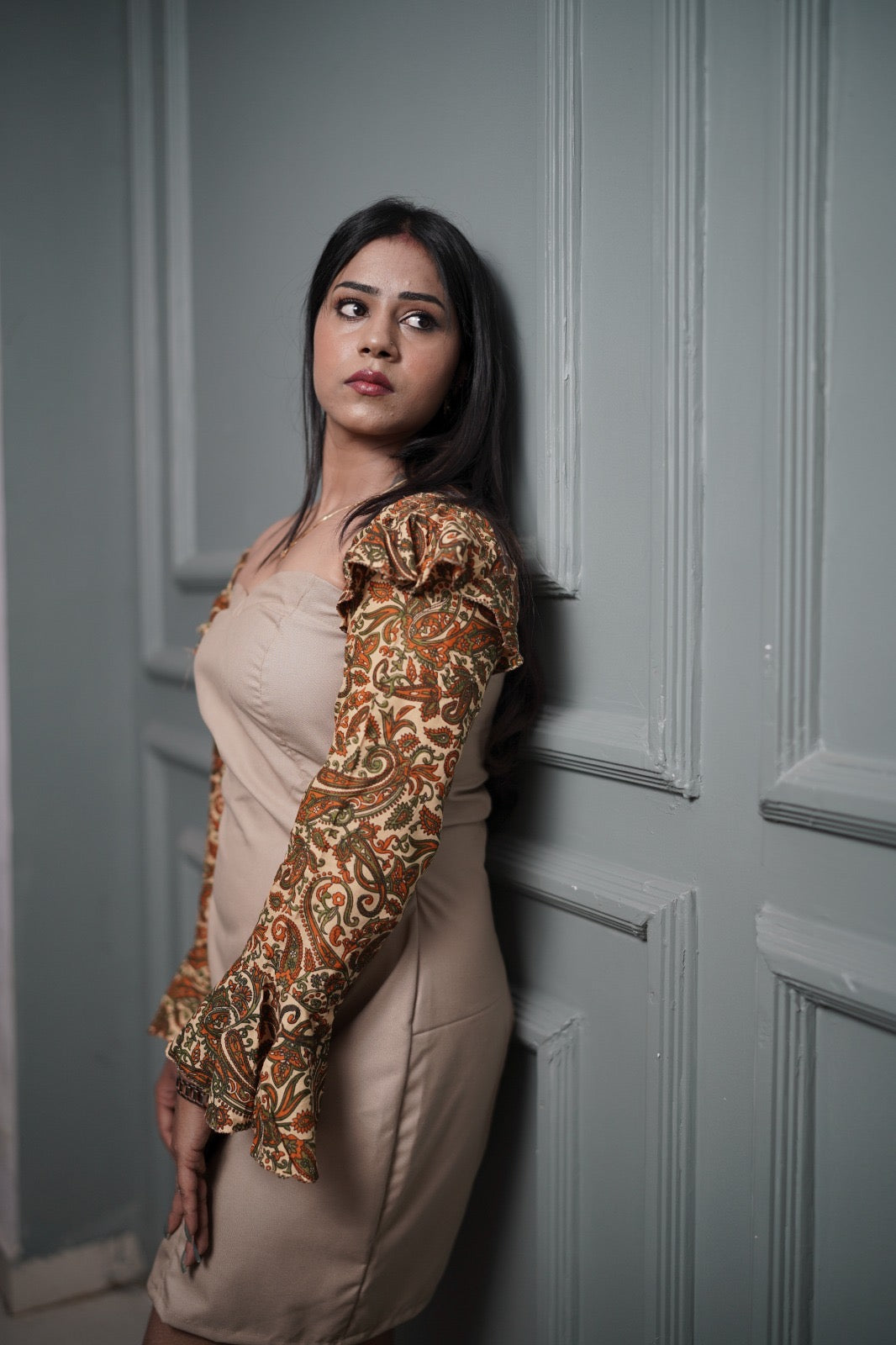 Beige Kalamkari Fusion Bodycon Dress