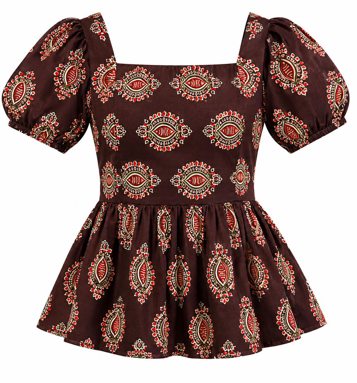 Brown Printed Puff Sleeve Peplum Top 🤎✨