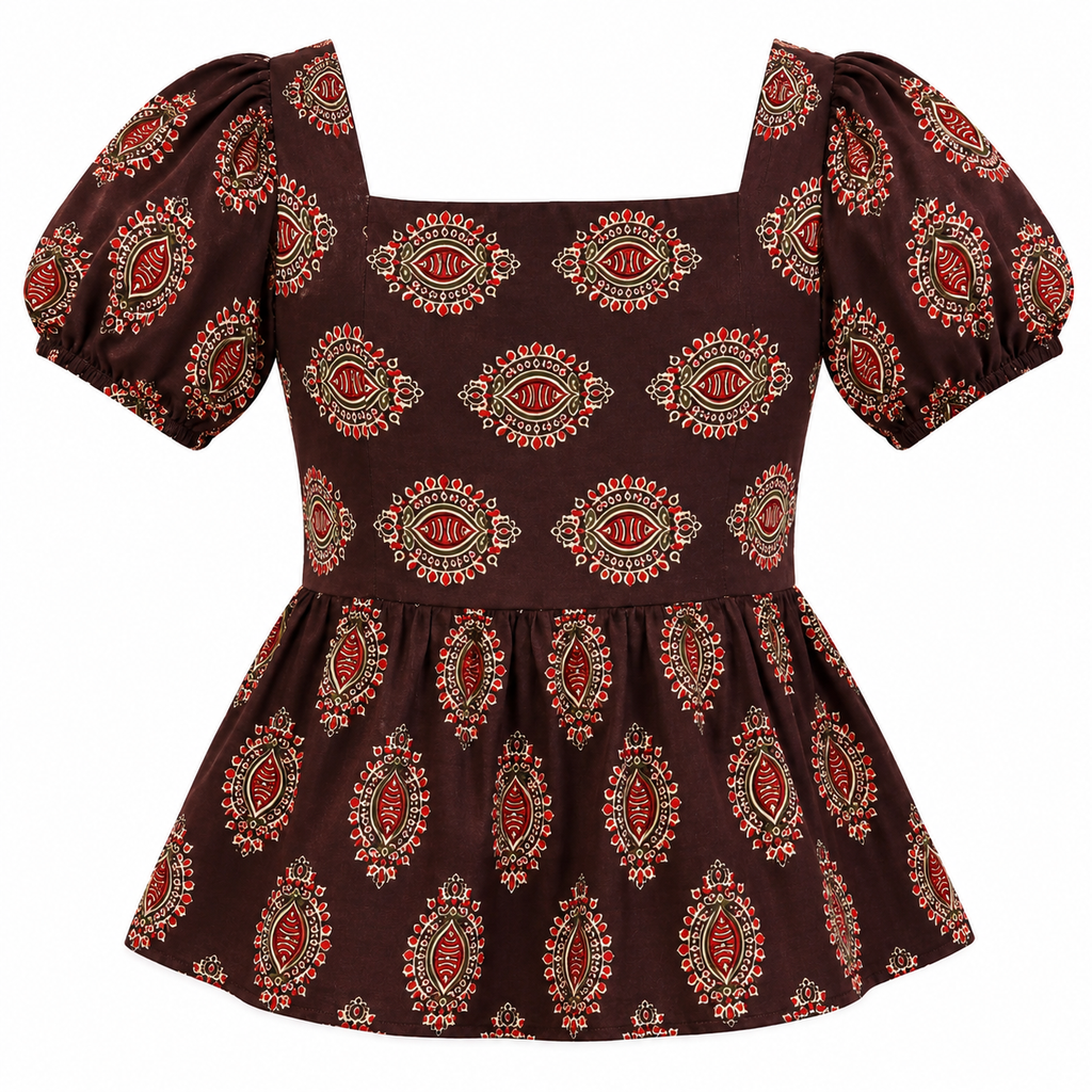 Brown Printed Puff Sleeve Peplum Top 🤎✨
