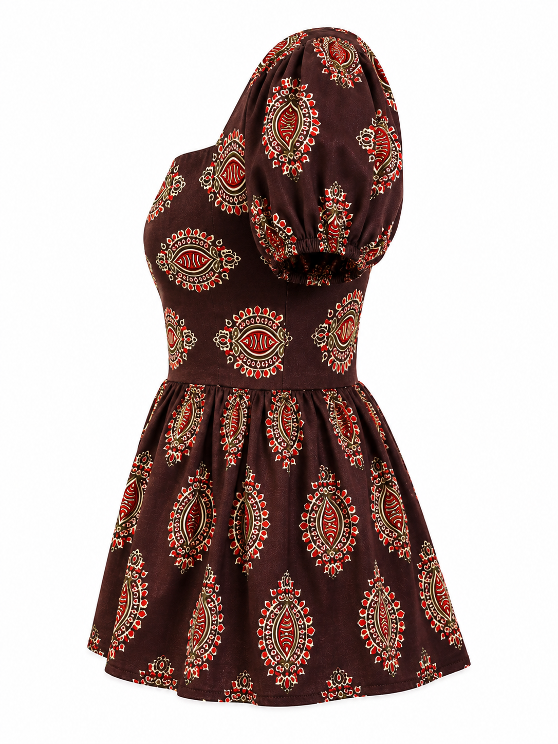 Brown Printed Puff Sleeve Peplum Top 🤎✨