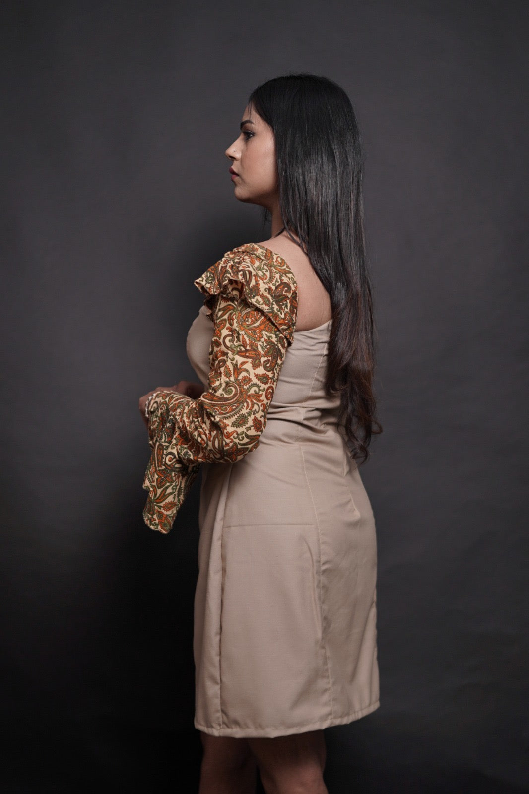 Beige Kalamkari Fusion Bodycon Dress