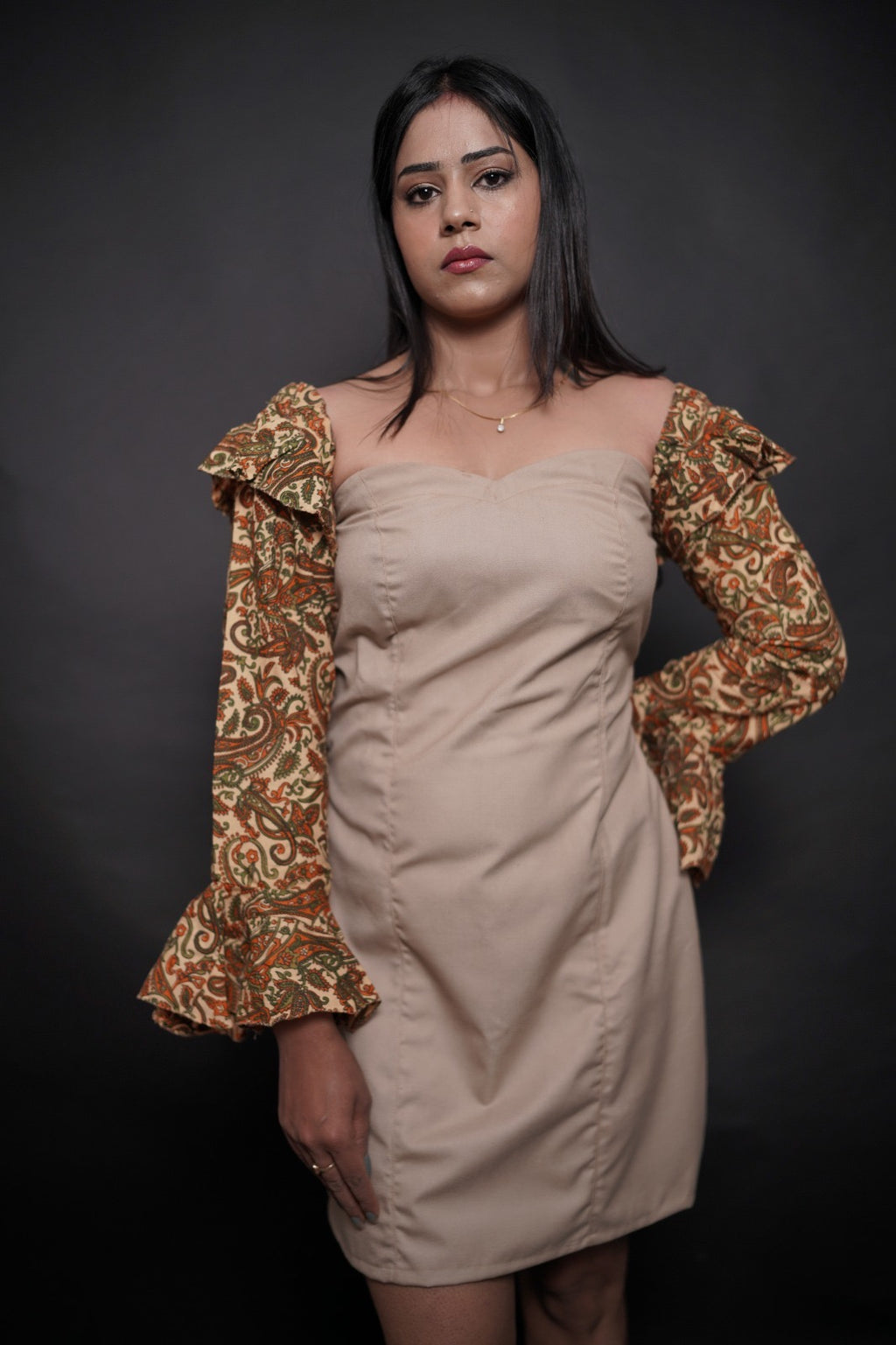 Beige Kalamkari Fusion Bodycon Dress